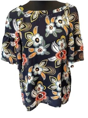 LOFT Navy Multi-Colour Floral Ruffle Sleeve Tie Back Scoop Neck Top (M)